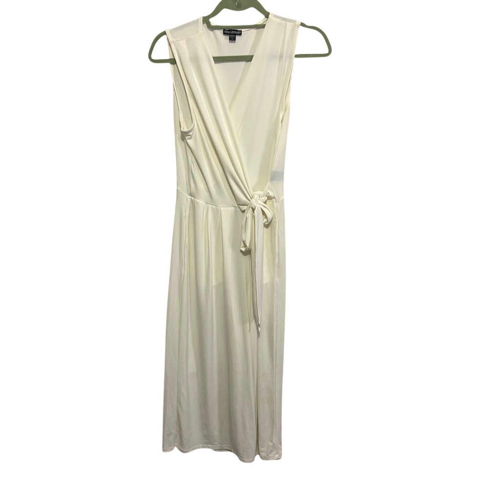 Nina Leonard Ivory Surplice Wrap Crop Jumpsuit Womens Small Sleeveless Wide Leg